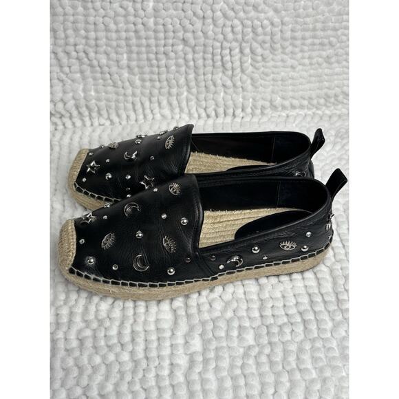 REBECCA MINKOFF Espadrille Shoes Sz 6.5M Black Silver Moons Stars Studs Flats - Picture 3 of 9